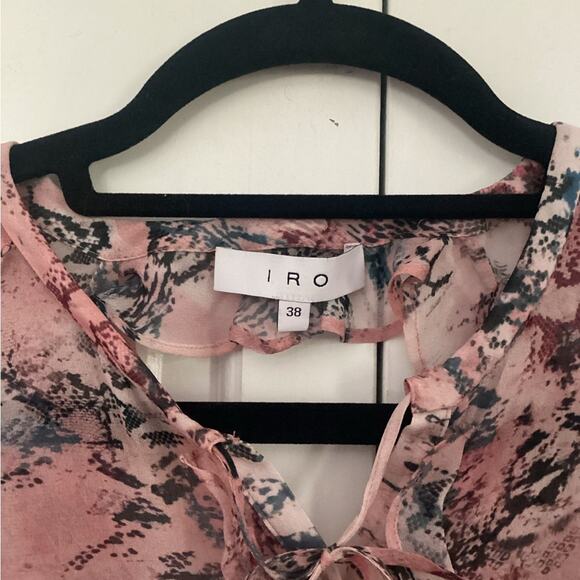 IRO Reopam 100% Silk Designer Pink Snake Print Ruffle Sheer Blouse Size 38 - Picture 7 of 7